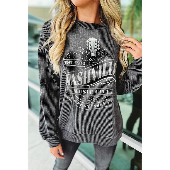 Azura Exchange  Black NASHVILLE MUSIC CITY Corded Graphic Sweatshirt - Picture 1 of 13